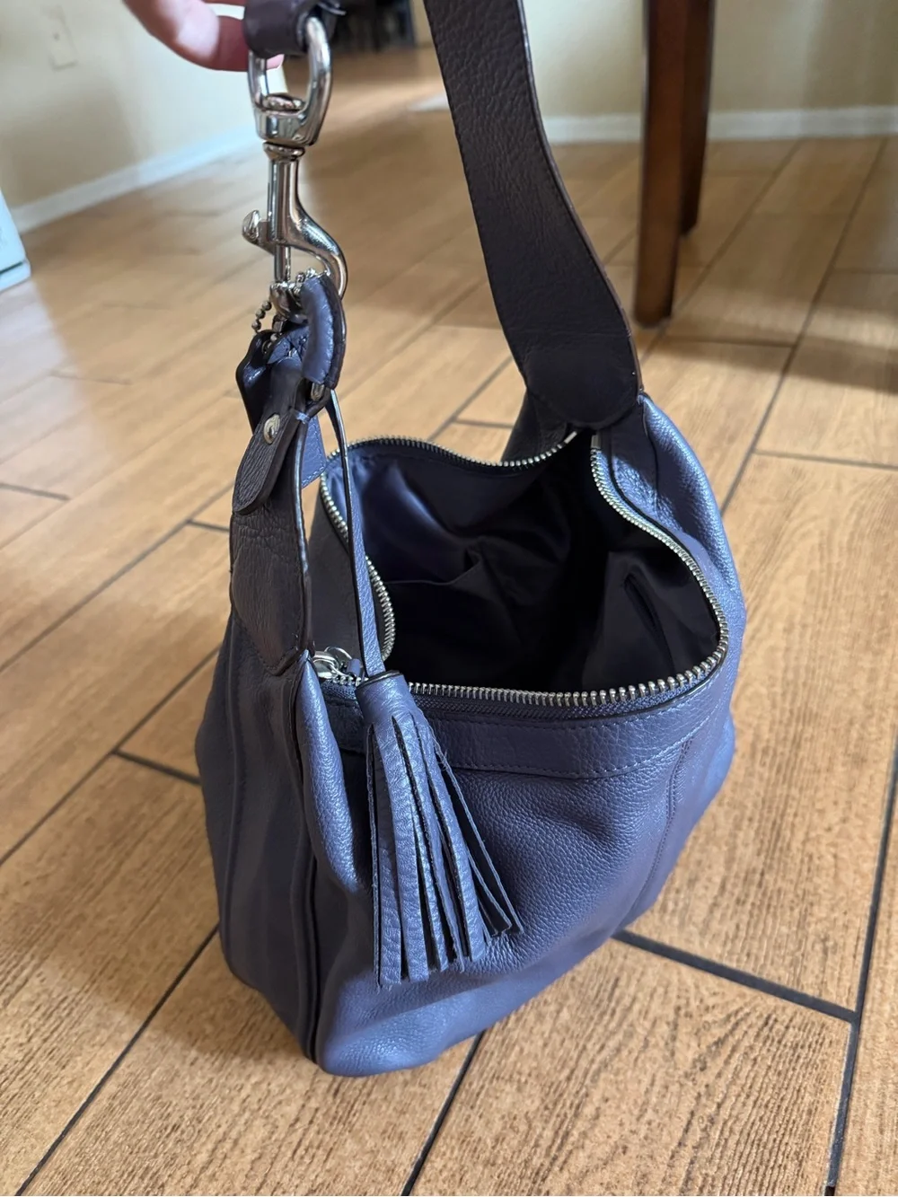 COACH Leather Hobo Shoulder Bag Slate Blue Gray Pebbled Leather Tassel